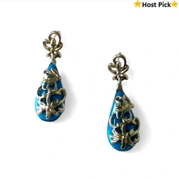 None Jewelry - Boho Silver Filigree & Blue Teardrop Vintage-Style Dangle Statement Earrings